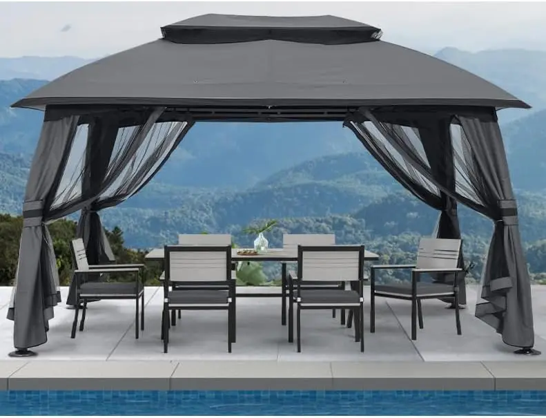 

10x13 Outdoor Gazebo-Patio Gazebos with Mosquito Netting and Double Roof for Backyard, Garden or Lawn (Dark Grey)