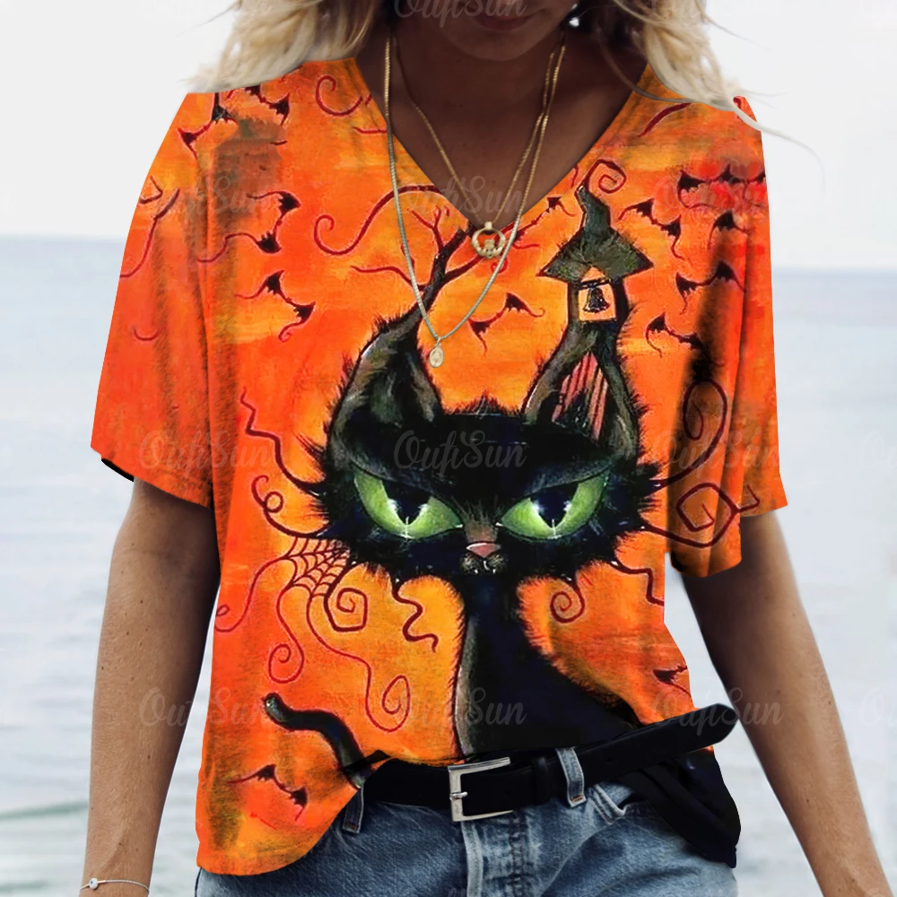 

Halloween Elements T Shirt For Women Evil Cat Pattern Printed Girl T-Shirt V-Neck Short Sleeved Women's Clothing Oversized Top