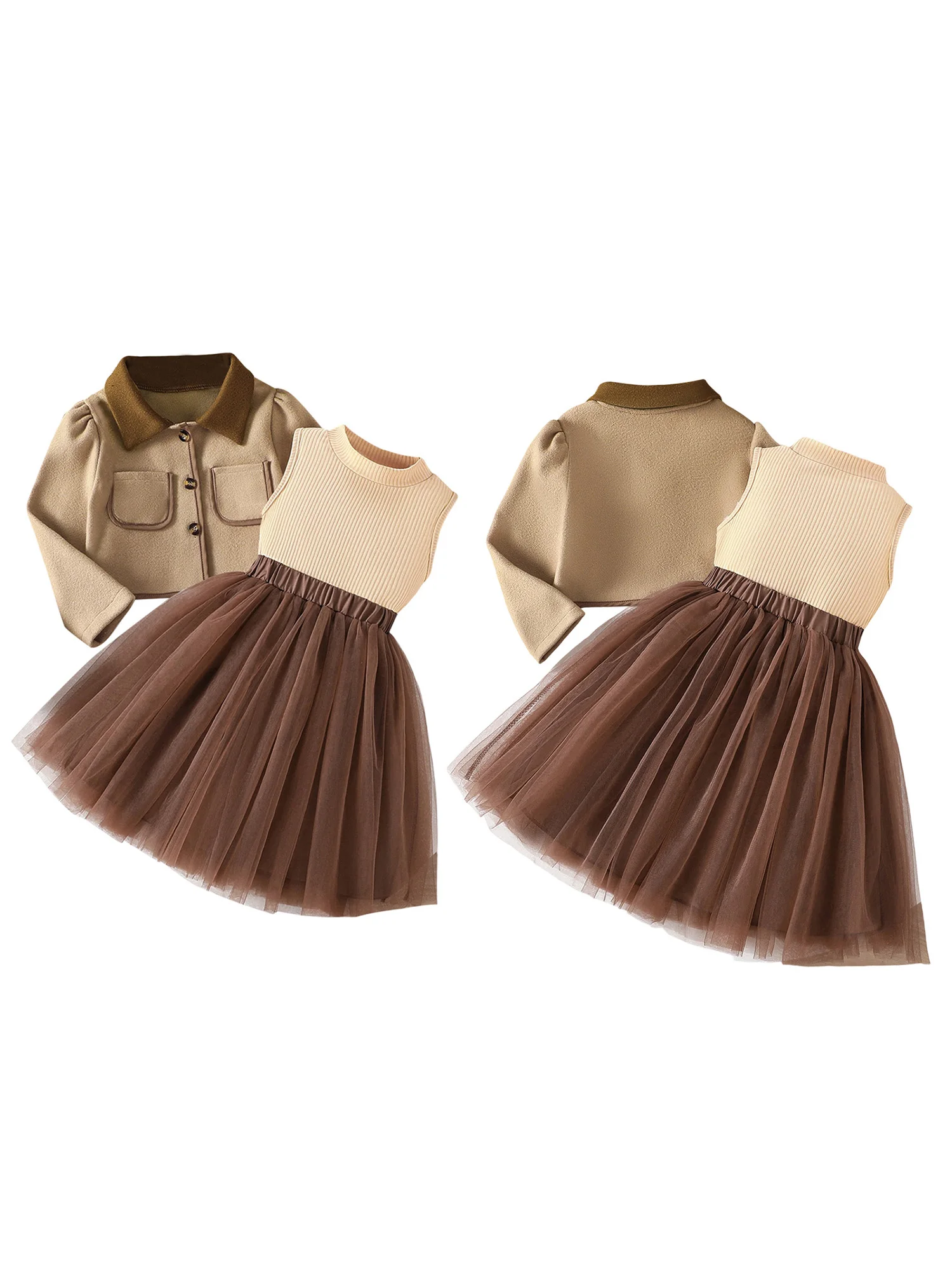 Women s Fall Fashion Ensemble Stylish Long Sleeve Lapel Coat with Button Up Detail Ribbed Tank Top and Tulle Skirt Set