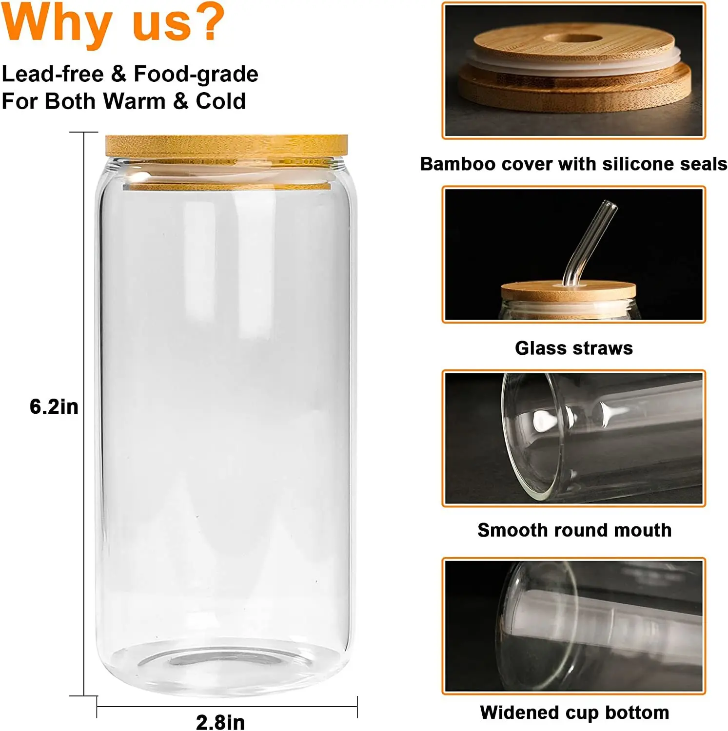 20 Oz Drinking Glasses with Bamboo Lids and Glass Straw - 6 Pcs