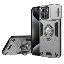 Rugged Armor Shockproof Phone Case with Sliding Window and Metal Ring Holder for Infinix Hot 50i (Gray)