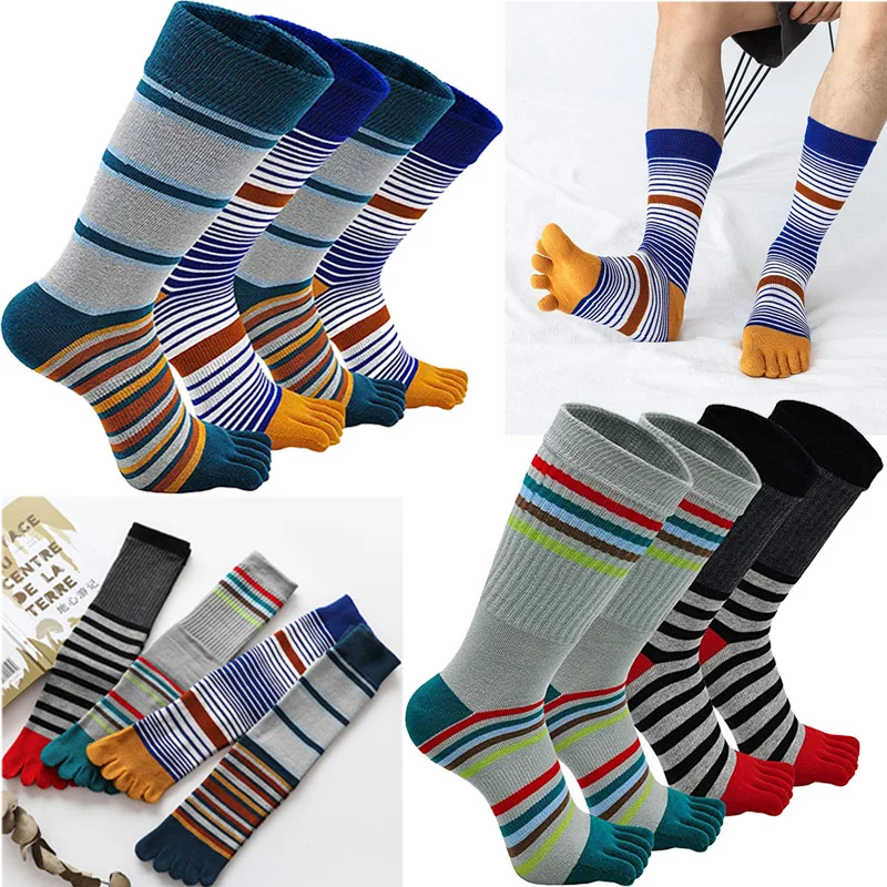 5 Pairs Fashion Long Tube Five Finger Socks Cotton Man Colorful Striped Mid-Calf Business Sport Compression Socks with Toes Gift