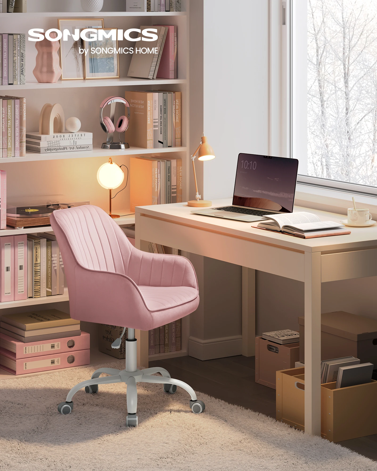 SONGMICS Chaise de Bureau avec Surface en Tissu Velours, Fauteuil Pivotant, Siège Ergonomique, Rembourrage en Mousse, Hauteur Réglable