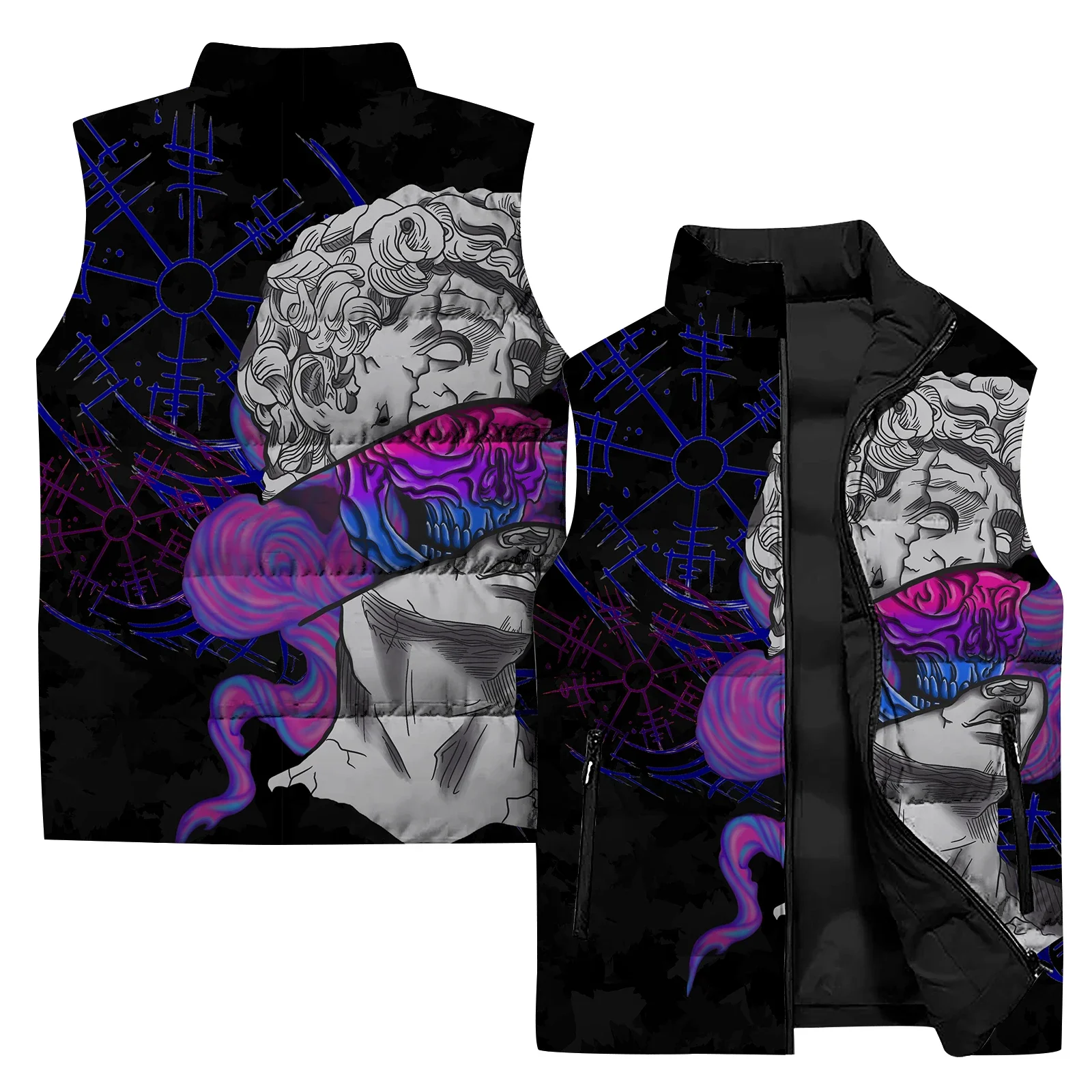 thumbnail image 1 of Chaqueta de hombre Chaleco con estampado de estatuas Ropa para hombre 2024 Chaquetas para hombre Chaleco con cremallera y cuello alto Chalecos sin mangas Abrigos resistentes al viento y al frío, 1 of 5