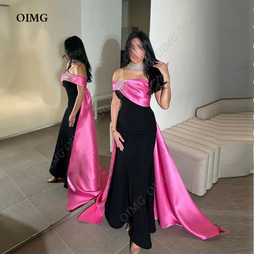 

OIMG Pink/Black Silk Satin Beads Prom Dresses Saudi Arabic Women Pleats Strapless Evening Gowns Formal Party Dress Celebrity