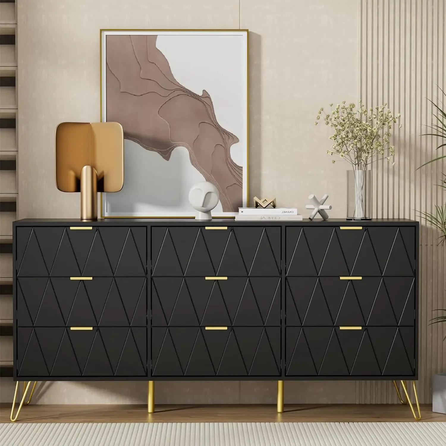 Description Picture 3 of itemDresser for Bedroom,Modern 9 Drawer Triple Dresser with Gold Accents,Long Storage Dresser for TV Stand & Closet