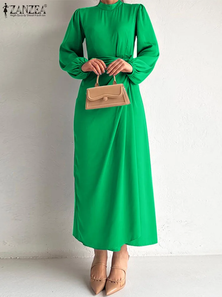 

ZANZEA Elegant Party Robe Casual Solid Maxi Dress Women Puff Long Sleeve Long Dresses 2023 Autumn Tie Waist Stand Collar Vestido