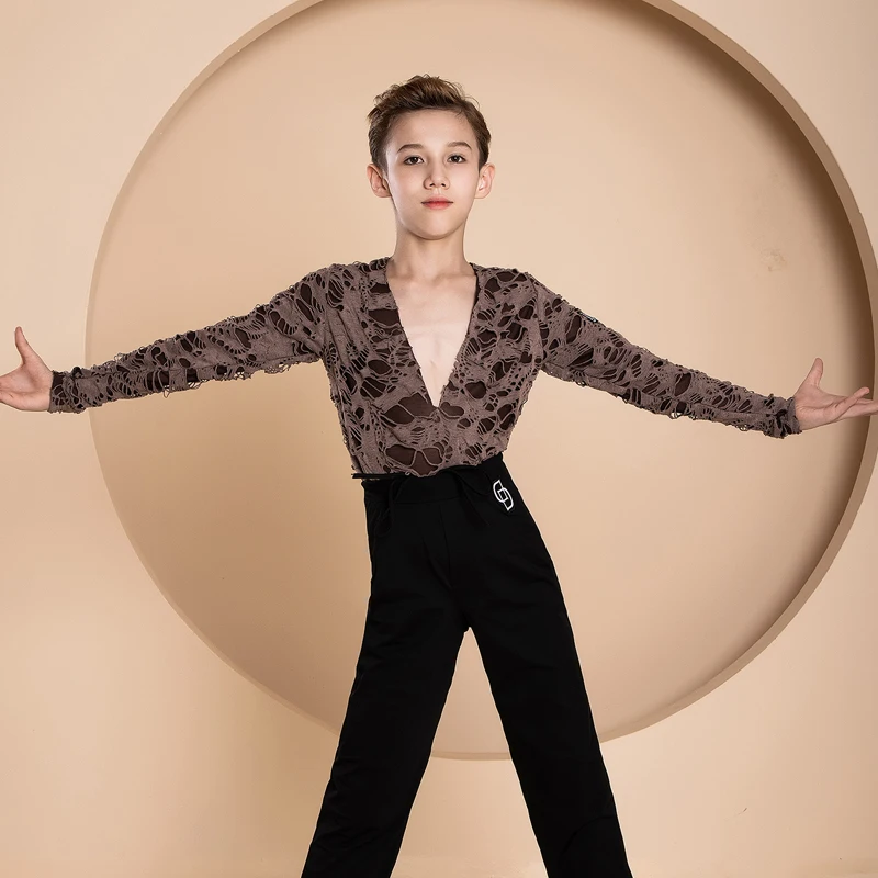 

Boys Latin Dance Shirt Long Sleeved Modern Dancing Tops Kids Performance Ballroom Dance Top Stage Training Clothes DWY9495