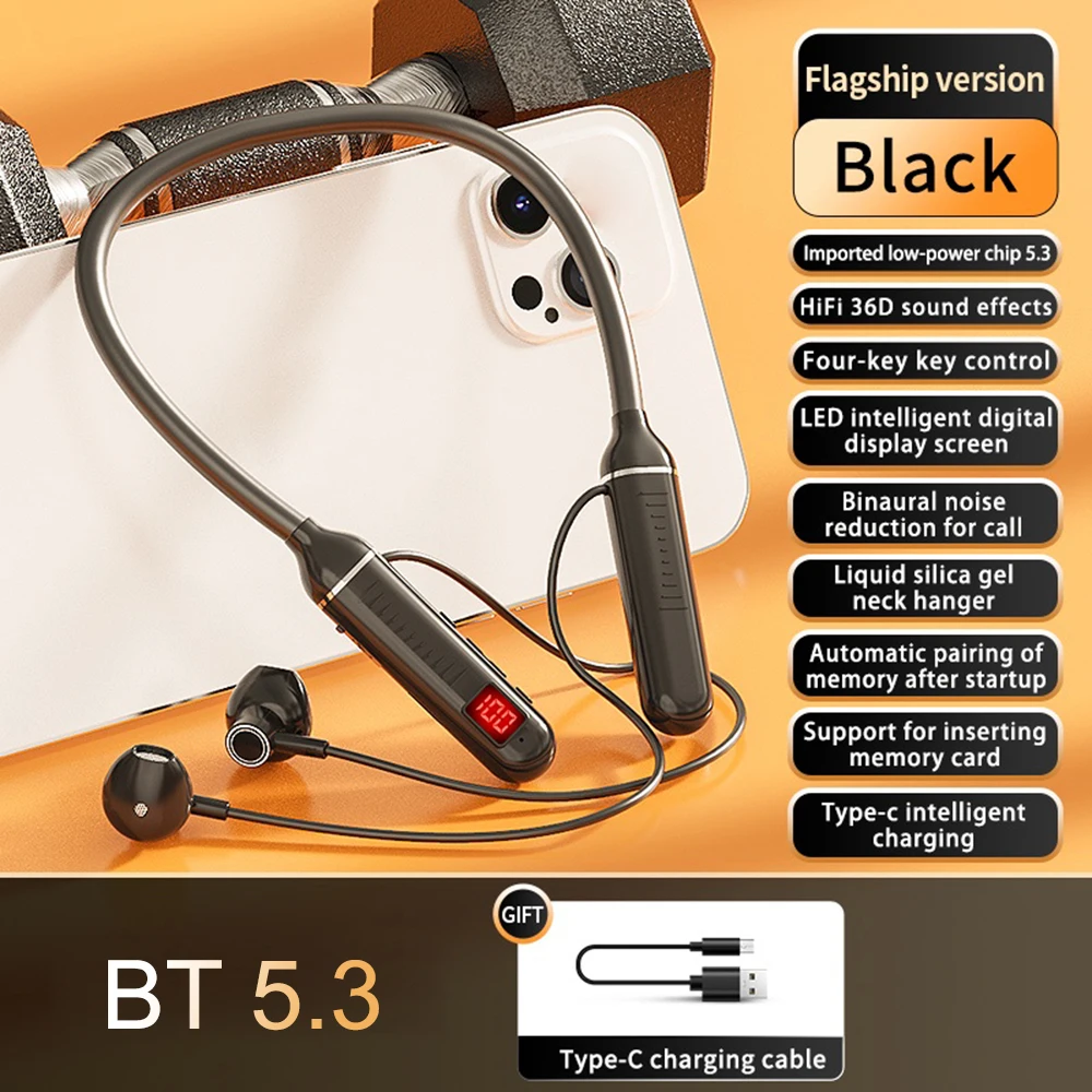 Wireless Headphones Bluetooth 5.3 Neckband Magnetic Earphones Sports Running Earbuds LED Display HiFi Sound Headset with Mic