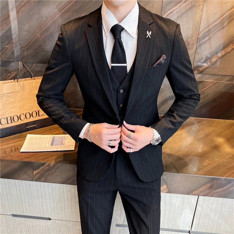 

(Jacket + Vest + Pants) Classic Striped Business Workwear Groom Wedding Dress Korean Slim Fit Suit 3 Piece Set 5XL Prom Tuxedo