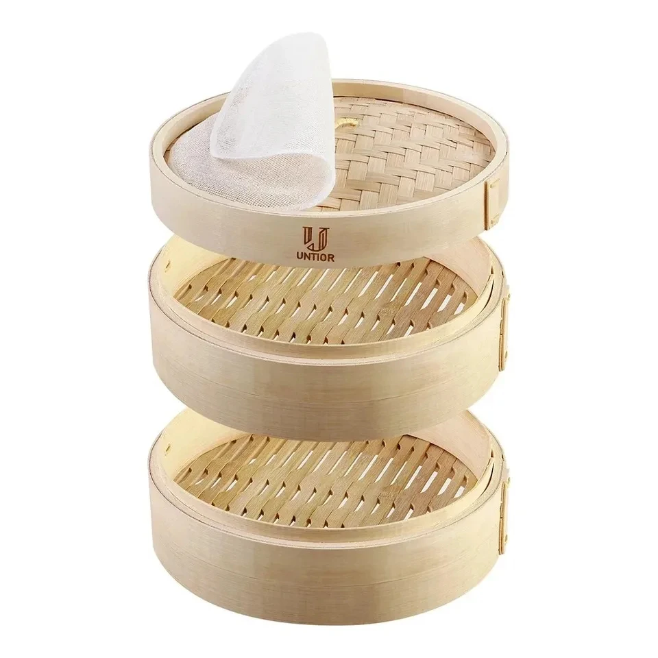 Handmade Bamboo Steamers with Lid Multi-Purpose for Vegetables Meat Fish Bun Snack Dumplings Cooking Basket Kitchen Bar Supplies