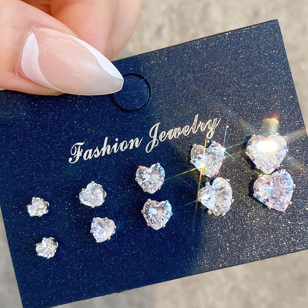 Wedding Stud Earrings 5 Pair/Pack Heart Shiny Wedding Stud Earrings Set Women Men Crystal Jewelry Ear Studs Accessories Earring Jewelry Gift