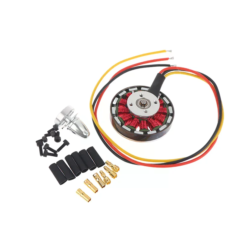 Moteur brushless haute performance 350KV/750KV pour drone RC posé sur une surface noire, avec vis de montage et câbles de sortie.