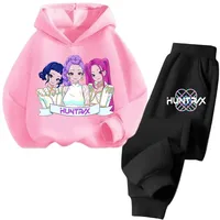 New children's hooded sweater set - K-pop Demon Hunter Girl Cute Casual Top for Kids Sports Shirt with Cartoon Print 2 pieces