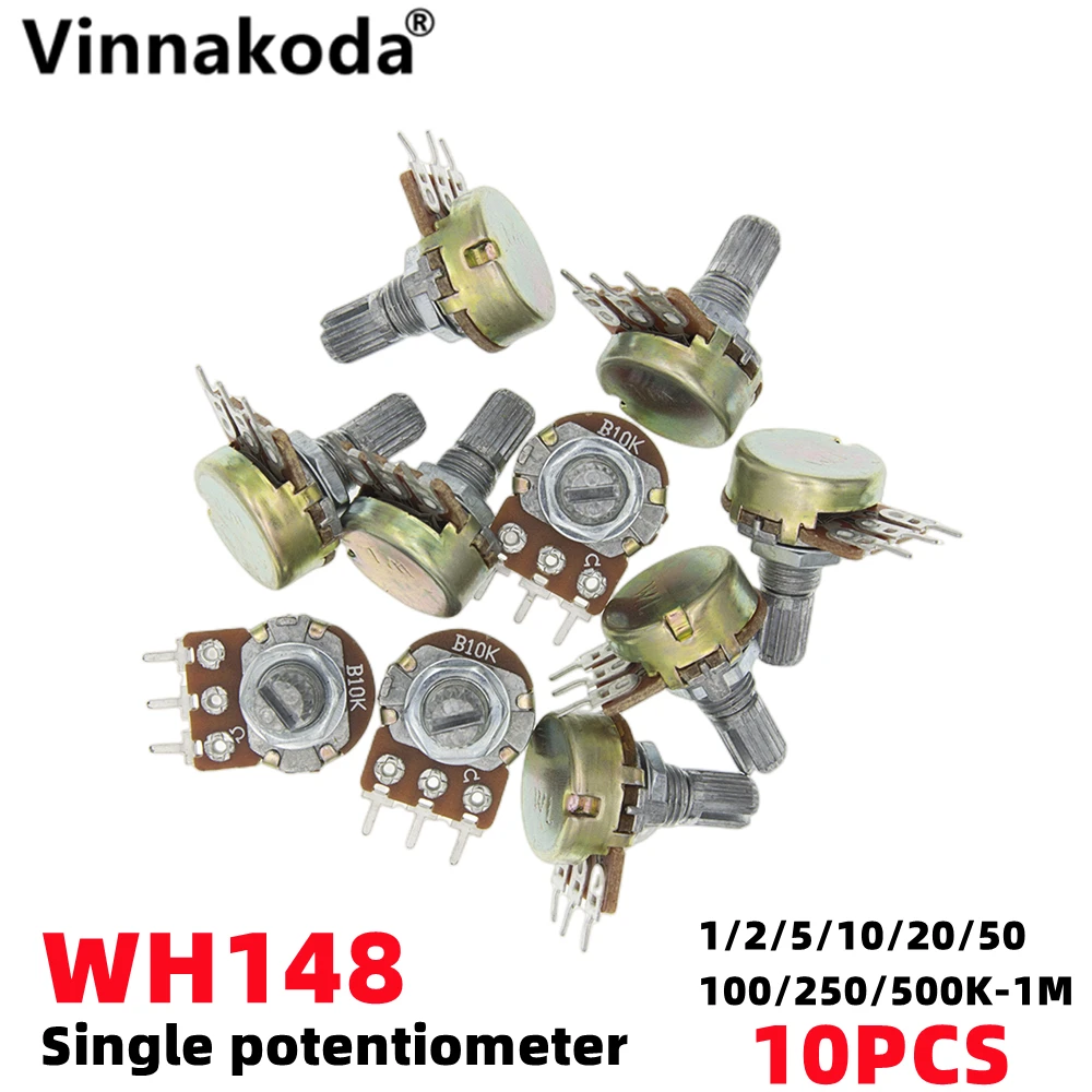 10PCS WH148 B1K B2K B5K B10K B20K B50K B100K B500K 3Pin Linear Potentiometer 15mm Shaft With Nuts And Washers