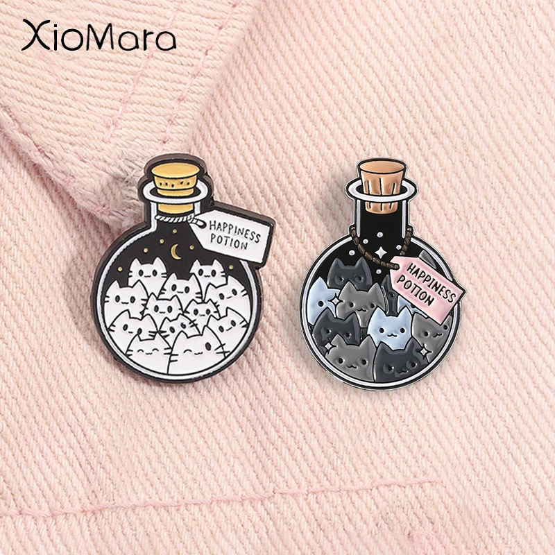 Cartoon Cat Happiness Potion Enamel Pin Cat Enthusiasts Metal Brooch Lapel Backpack Badge Jewelry Gift Kids Friends