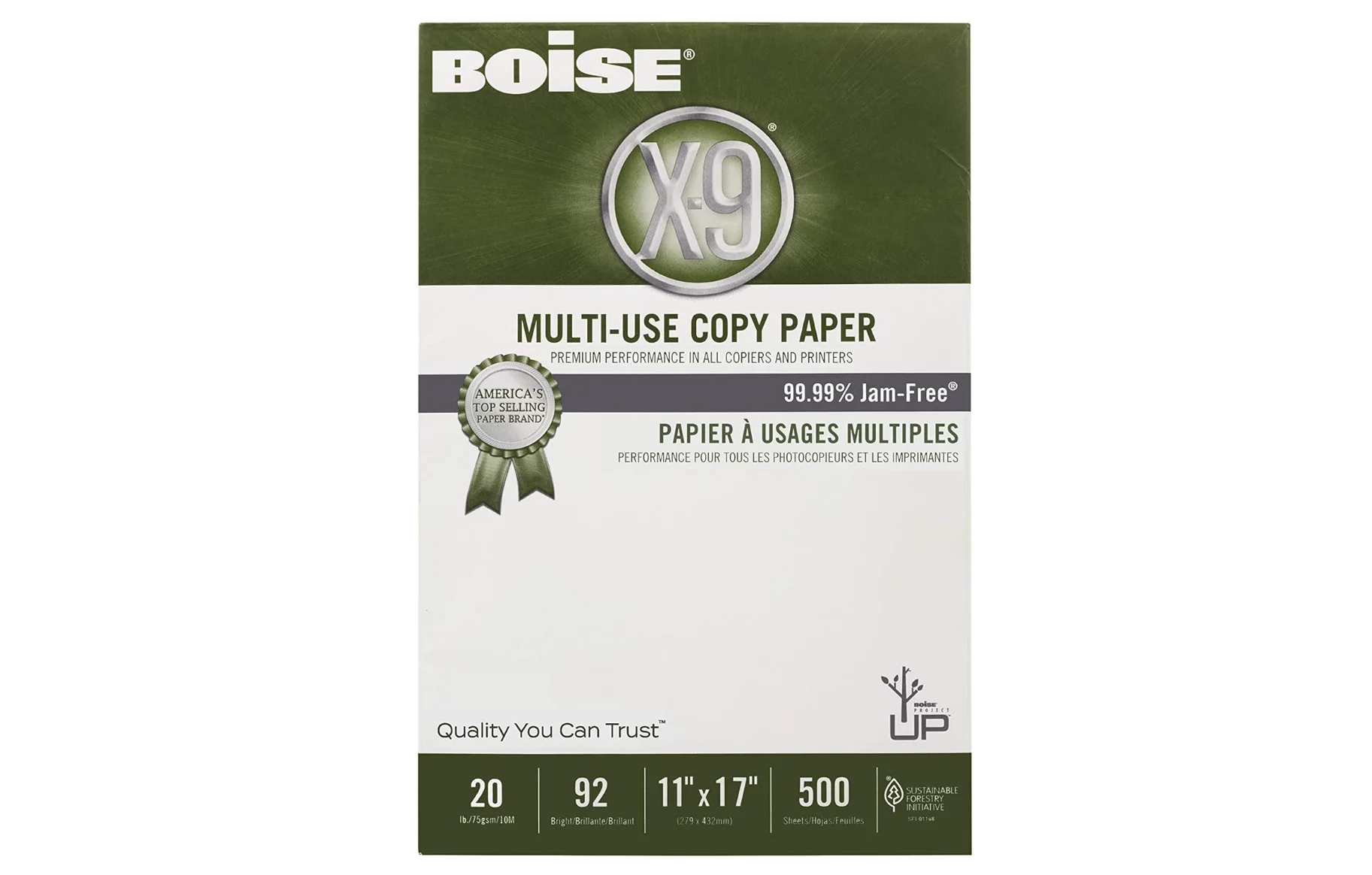 Boise Paper X-9 Multi-Use Copy Paper, 11" x 17" Ledger, 92 Bright White, 20 lb, 5 Ream Carton (2,500 Sheets)
