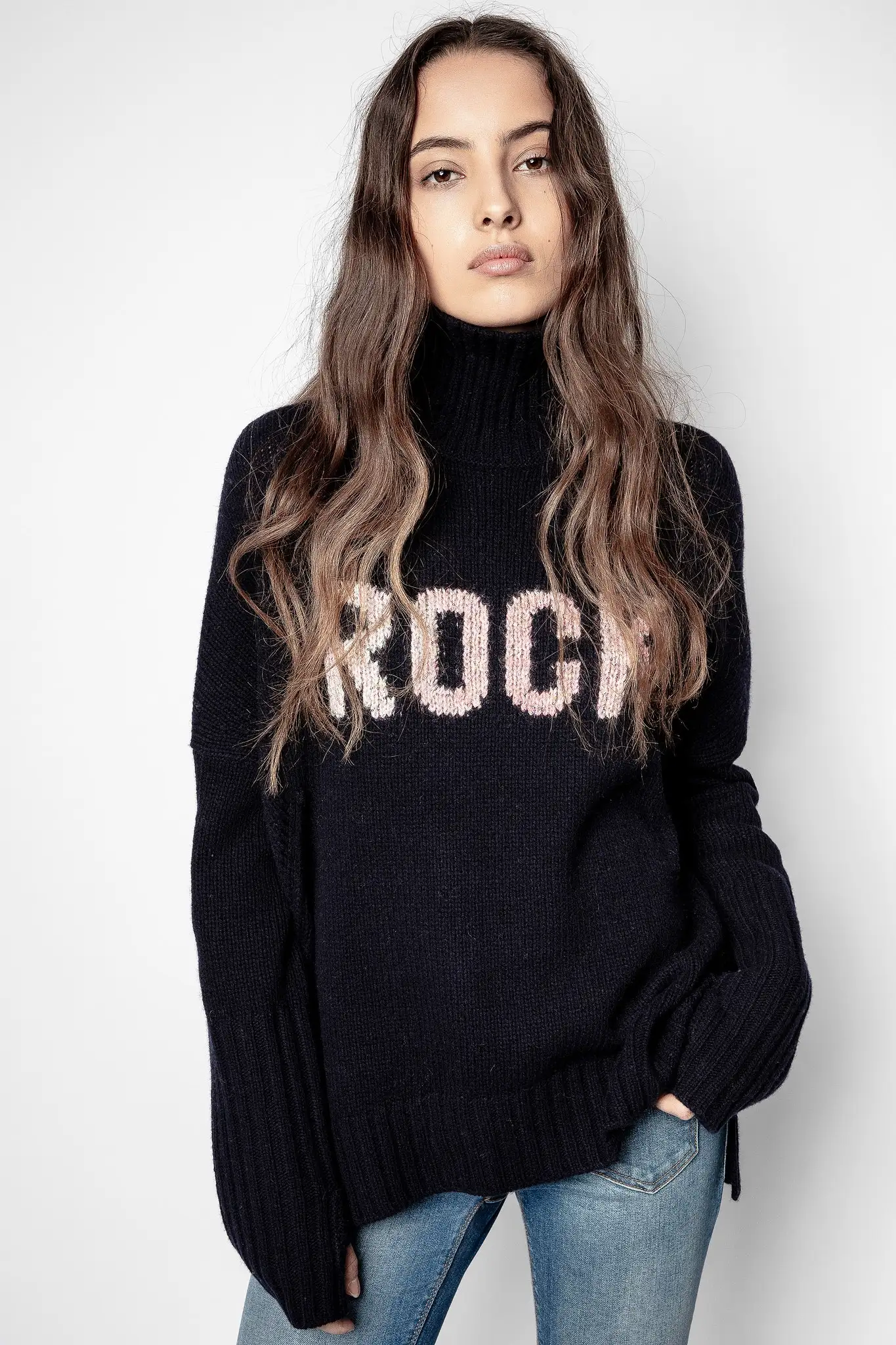 

Women Classic Turtleneck 100% Wool Sequined Beading Embellished Side Slits Pullover