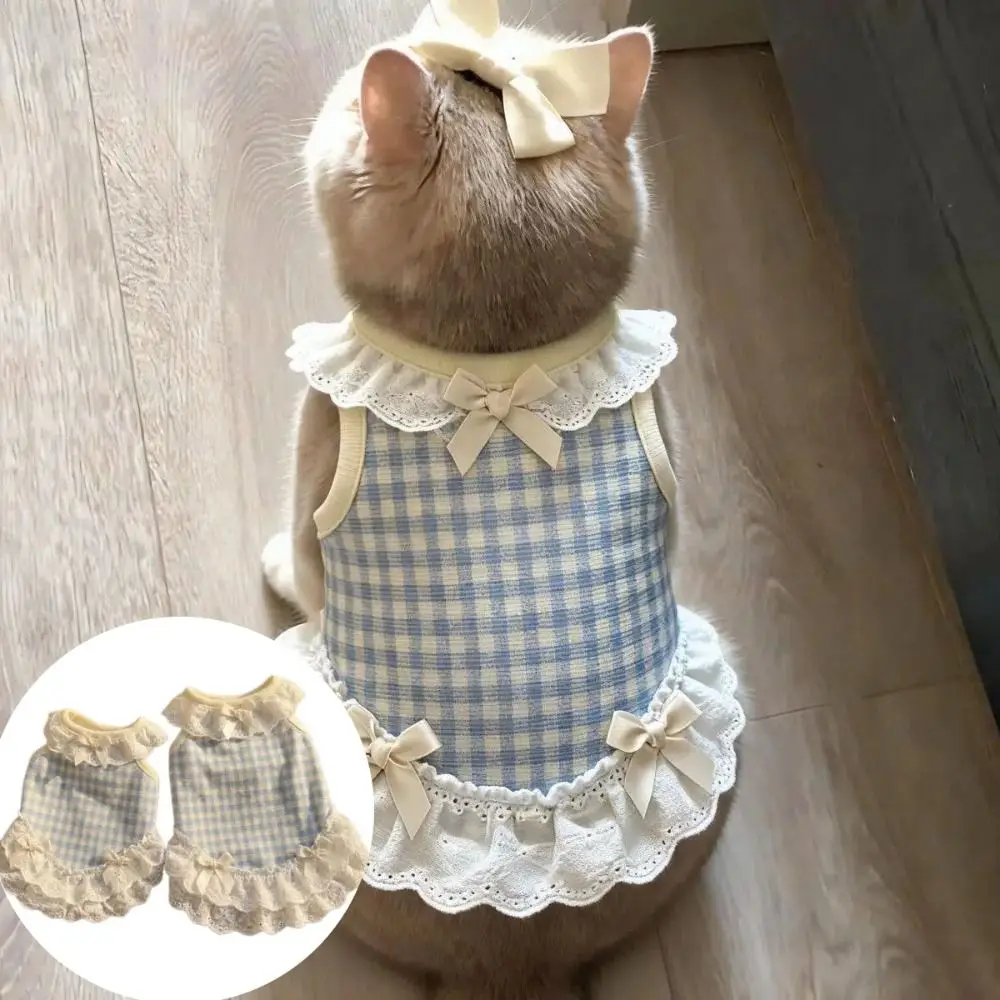 귀여운 리본 레이스 디자인 애완견 및 고양이 체크무늬 옷 통기성 좋은 편안한 고양이 조끼 가벼운 소형견 조끼