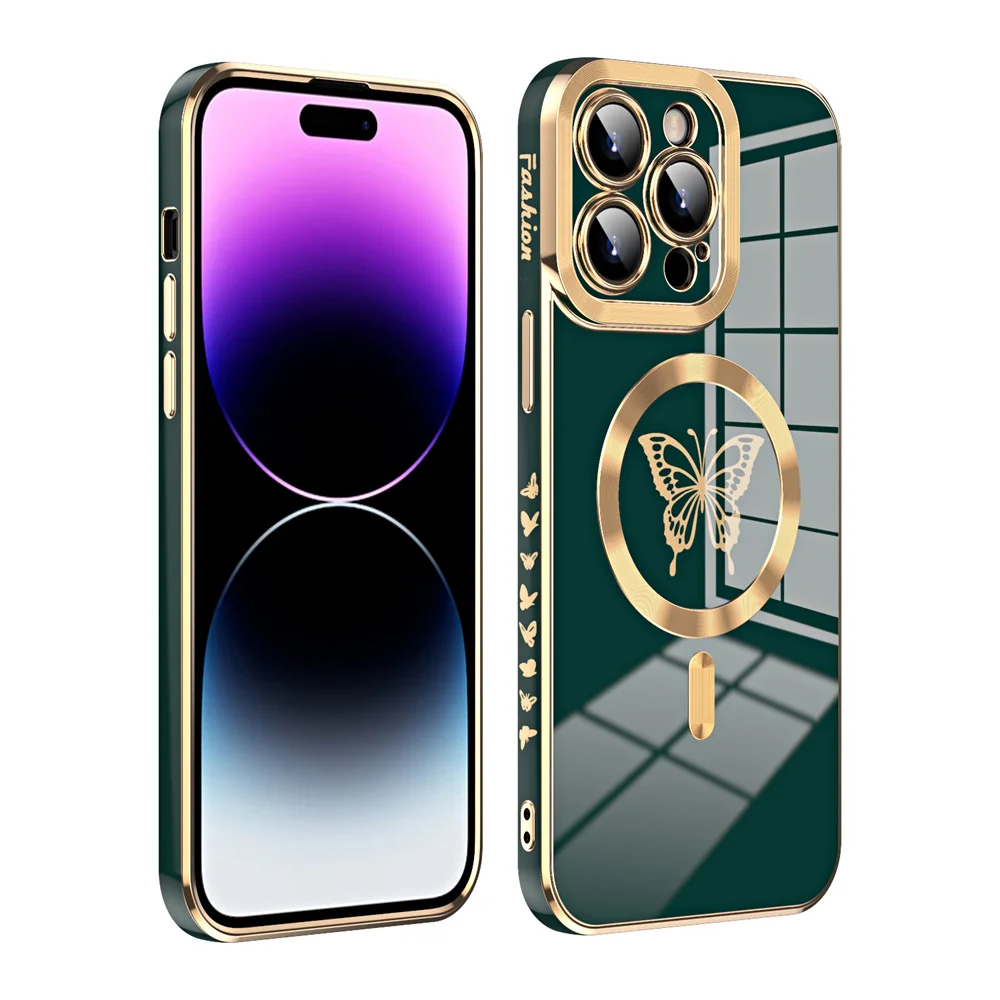 Coque de luxe plaquée or avec papillon Magsafe pour iPhone 16 15 Pro Max 14 13 12 11 Protection de l'objectif de l'appareil photo Charge sans fil Funda 14 Pro_voghion.com