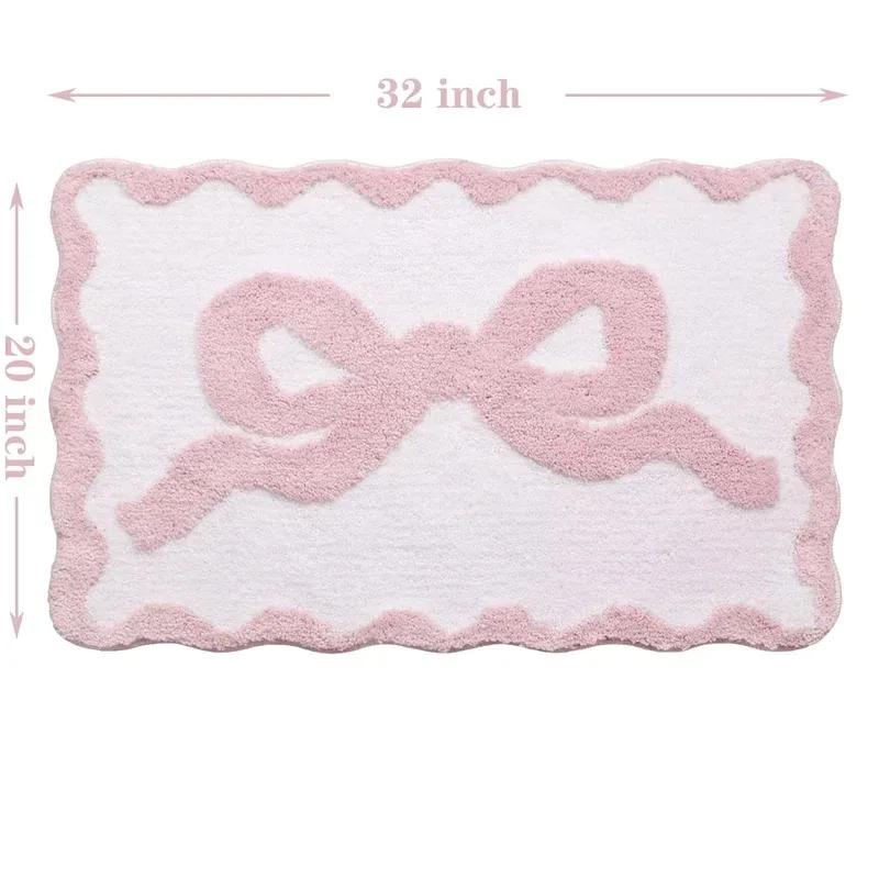 VIKAMA พรมเช็ดเท้าลายโบว์สีชมพูน่ารัก พรมปูพื้นสไตล์แคมปัสกันลื่น พรมปูพื้นตกแต่งห้องน้ำ/อ่างล้างจานในหอพัก 1