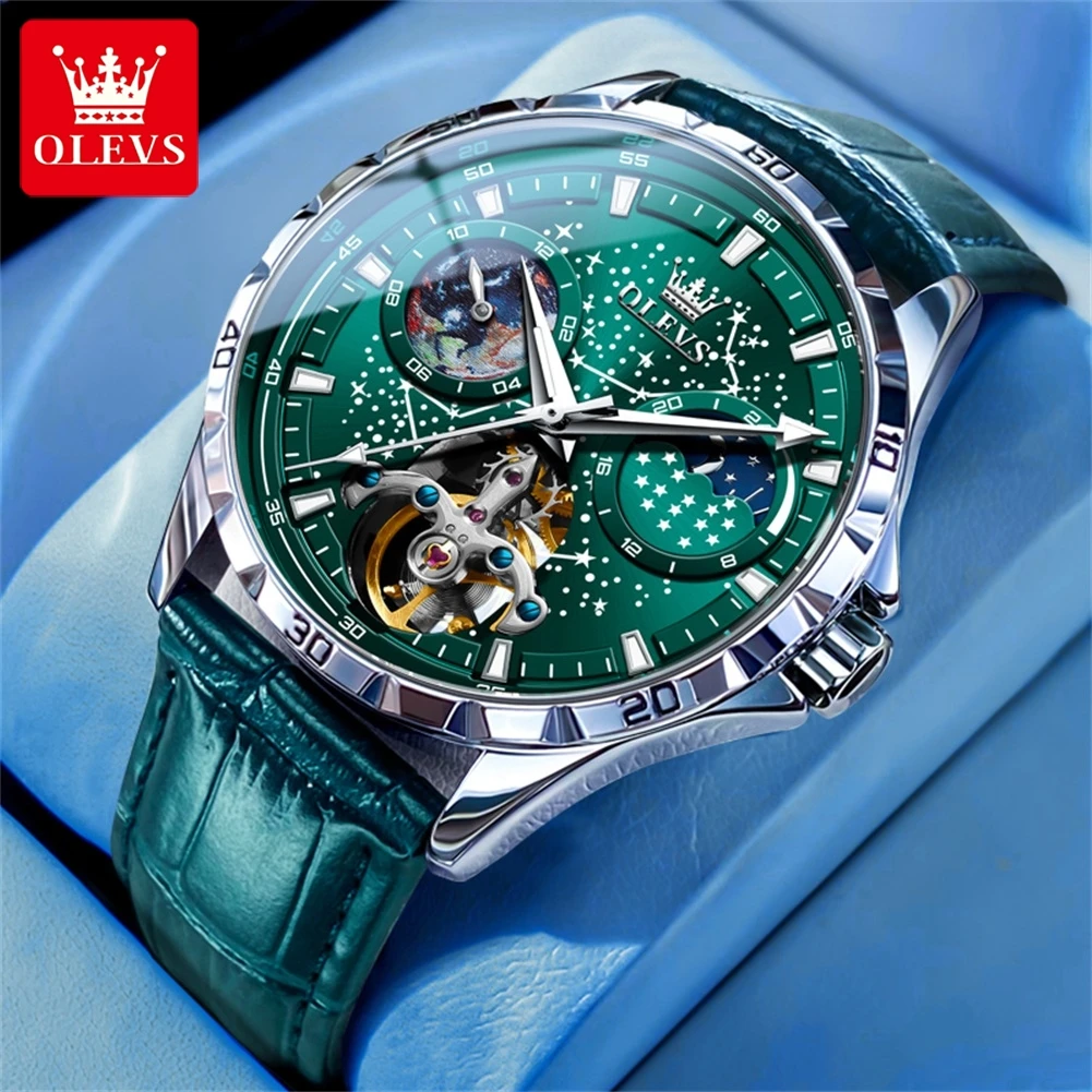 OLEVS Brand Fashion Green Dial Moon Phase Mechanical Watch for Men Leather Strap Waterproof Starry Sky Tourbillon Watches Mens