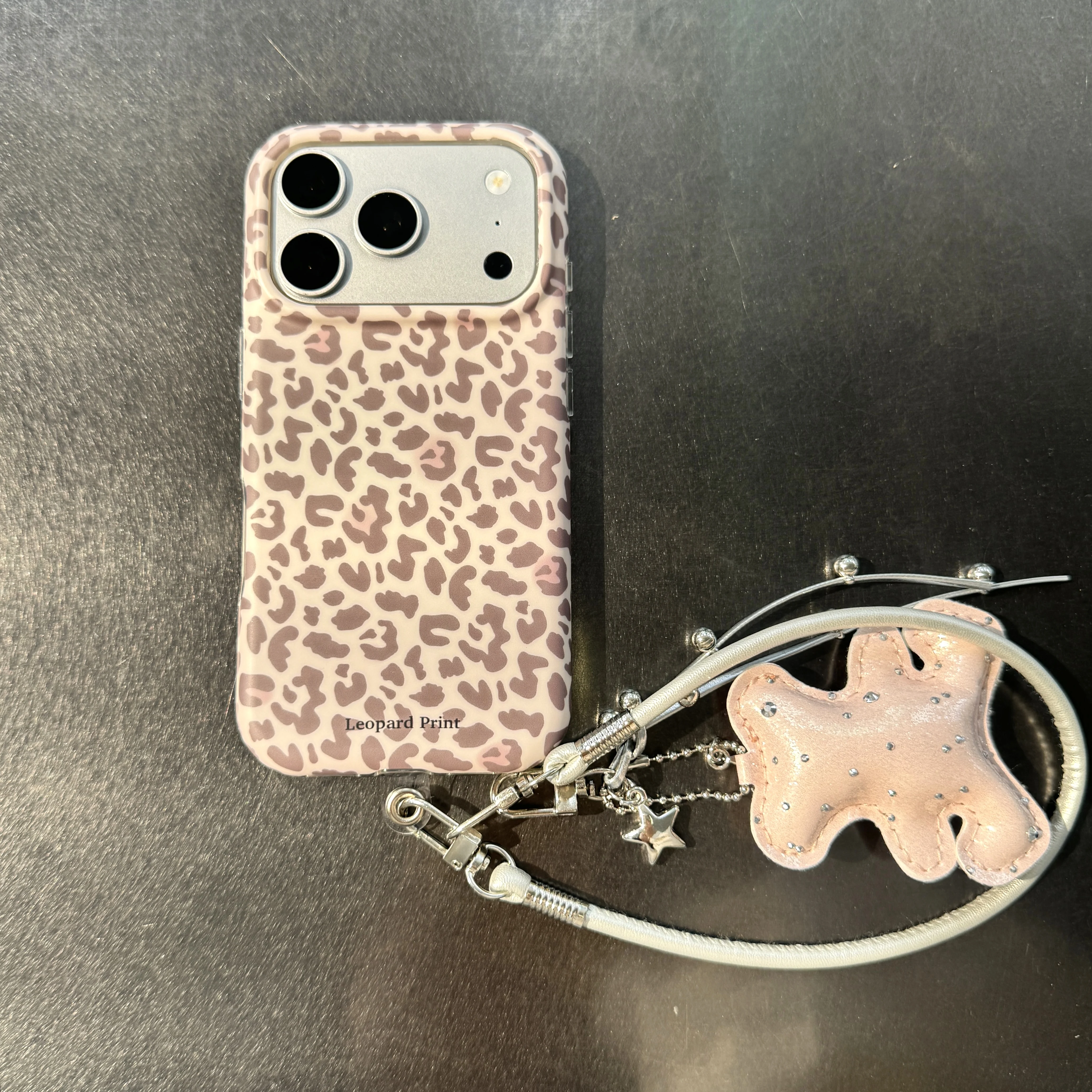 Retro Mint Green & Pink Leopard Print Matte Phone Case with Bear Star Lanyard