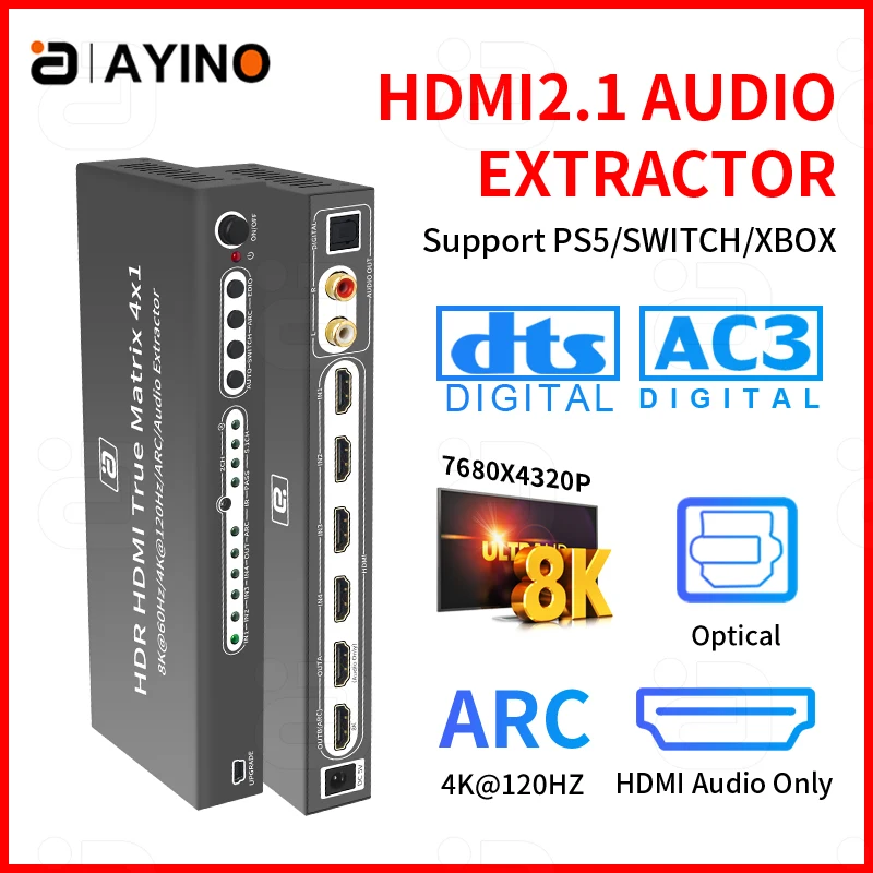 Estrattore Audio 8K 7.1 Hdmi2.1 4 X1Out 4K @ 120Hz Hd Optical Spdif Ac3/Dts Sound Extractor Rca Aux 3.5Mm Toslink Per Ps5 Xbox