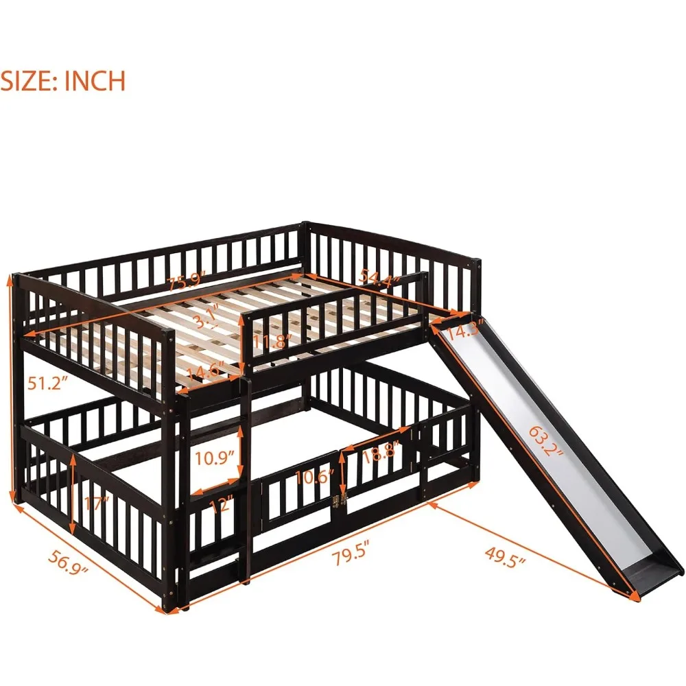 Full Over Full Low Bunk Bed with Slide and Fence Railings Wood Floor Bunk Beds with Ladder for Toddler Kids Boys Girls, Espresso 6