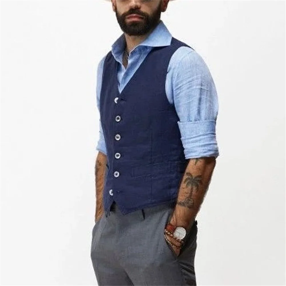 Men's Vest Jacket Single Breasted Navy Blue Linen Summer Large Size Casual Sport Coat Male Clothing chalecos para hombre