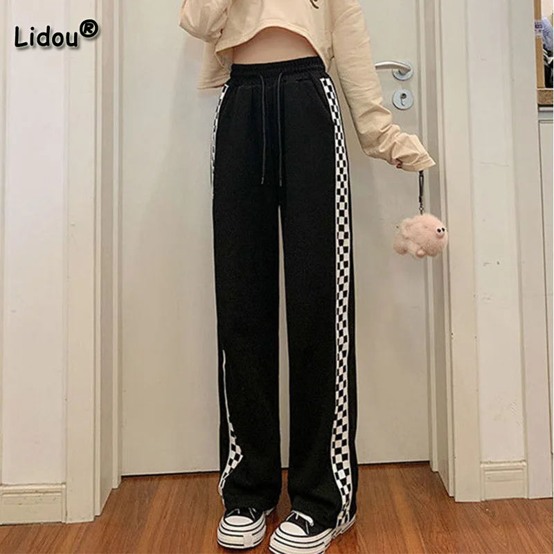 Spring Summer Korean Drawstring High Waist Wide Leg Trousers Black All-match Checkerboard Print Loose Straight Pants Trend Women