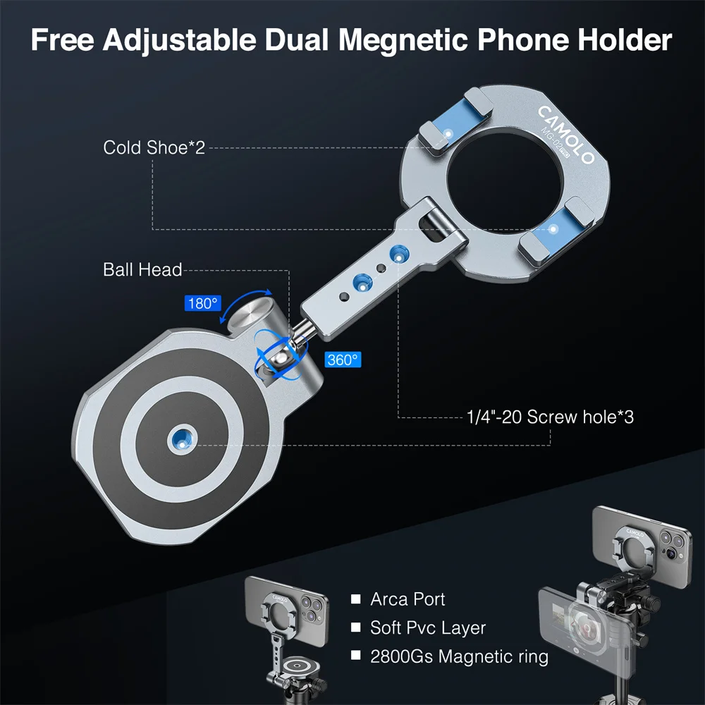 2025 Dual Magnetic Phone Holder Photography Phone Tripod Mount with 1/4"-20 Cold Shoe Gym Holder for Magsafe iPhone 17-12 Series