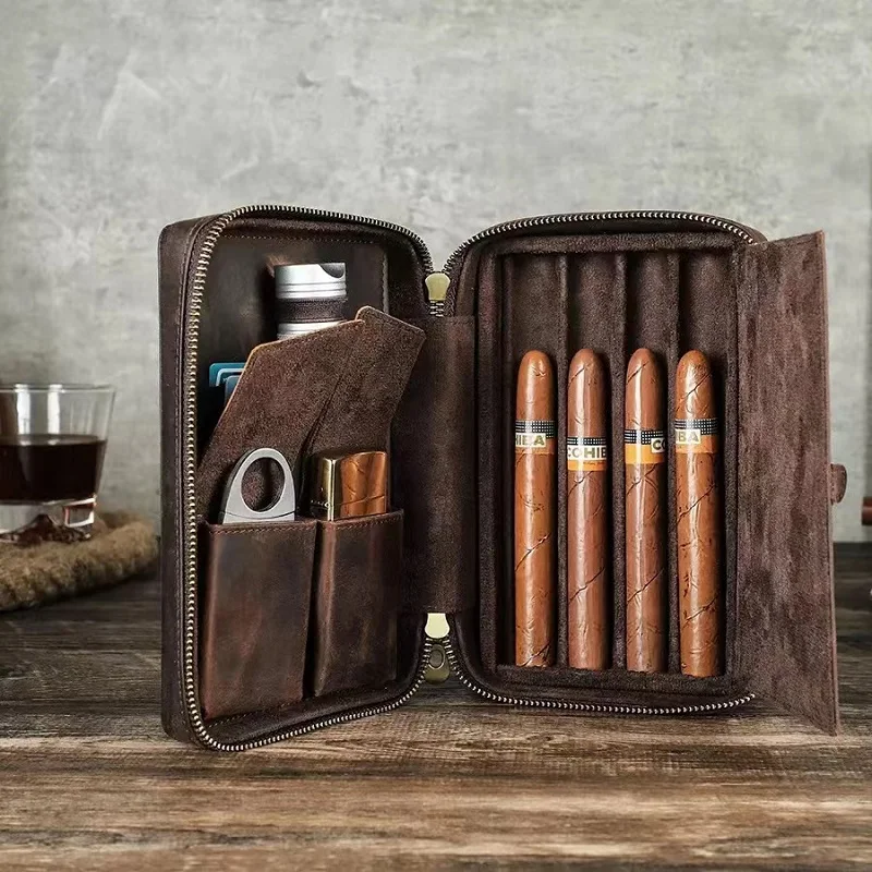 LuxuryLeatherHumidor4PackHumidorPortableWristStrapCigarSet