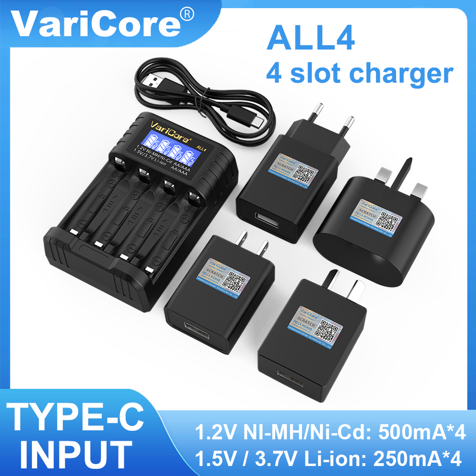 VariCore ALL4 charger, 4-slot high-speed LCD AA/AAA charger, suitable for 1.2V Ni-MH 1.5V/3.7V Li-ion rechargeable batteries