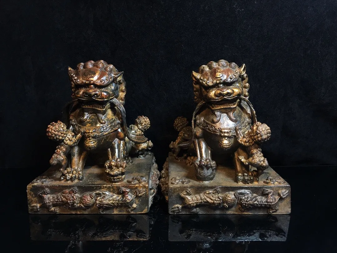 

Everything goes well, pure copper, old copper, gold lion, play ball, pair lion home, shop entrance, Bogu frame ornaments, orname