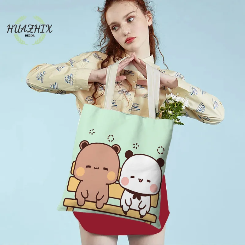 

Bubu and Dudu Shoulder Bag Cartoon Harajuku Design Canvas Handbag Peach Bear Tote Student Eco Travel Reusable Shopping Bags