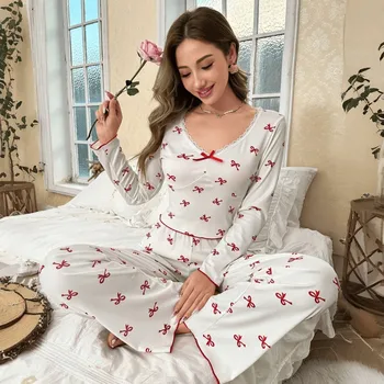 Spring Autumn Pajama Set for Women Sleepwear Lace Trim Bows Print Long Sleeve Top & Full-Length Pants Nightwear Loungewear