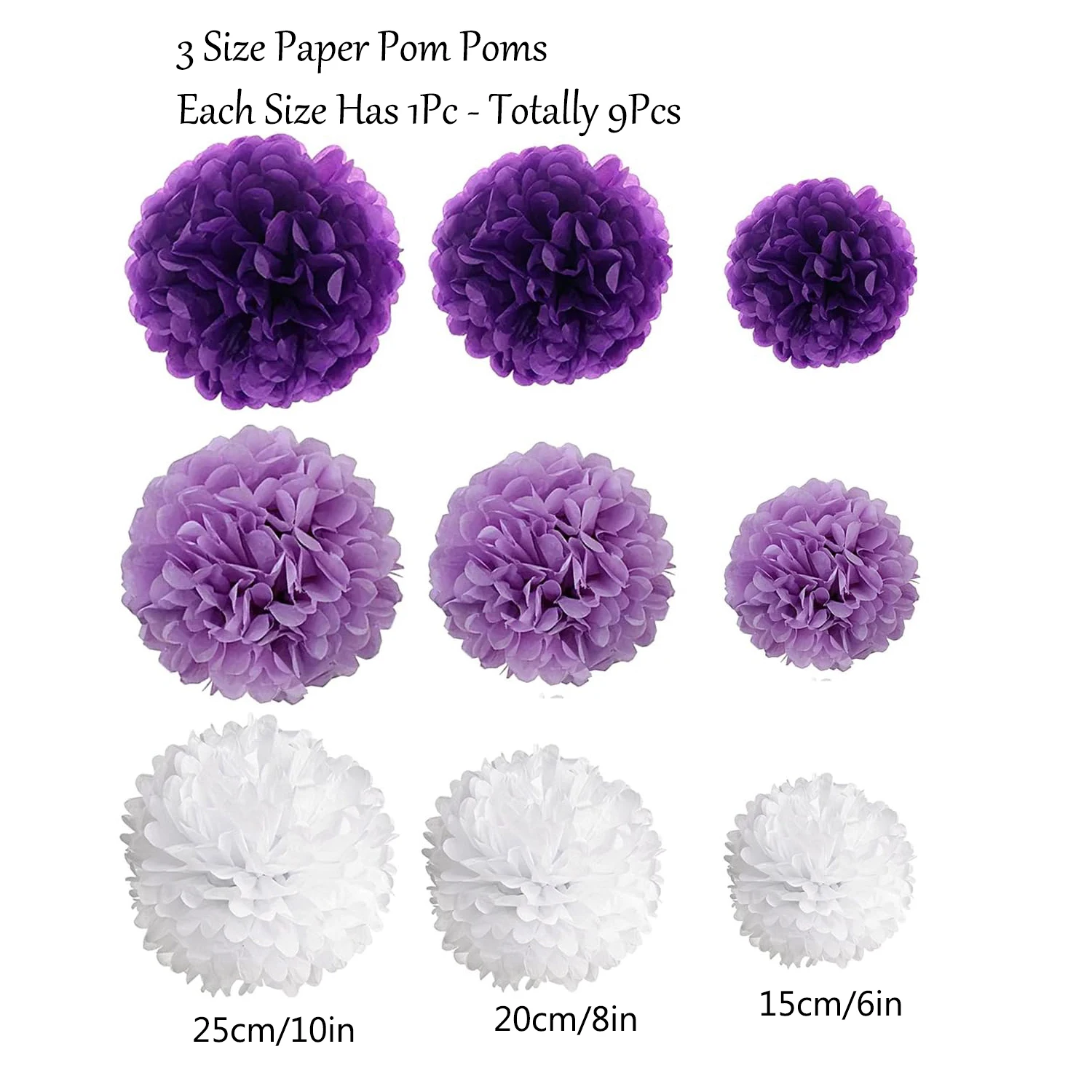 9pcs Paper Pom Poms Birthday Party Decorations Purple and White
