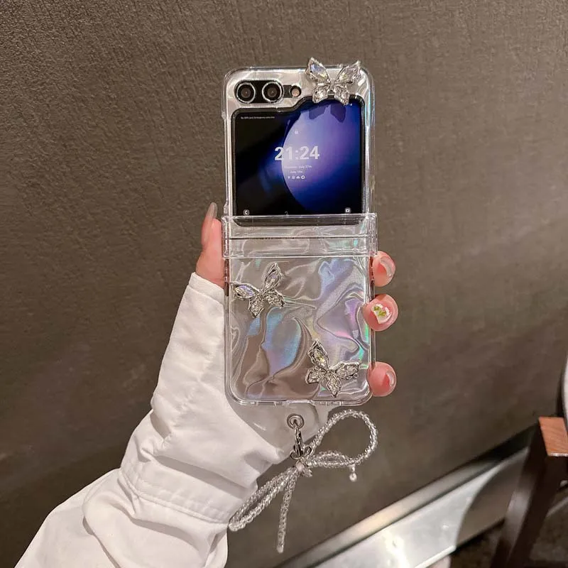 3D Shinny Butterfly Wrist Strap Phone Case for Samsung Galaxy Z Flip 6 5 4 3 Protective Cover for Z Flip6 Flip5 Flip4 Flip3 Capa_voghion.com