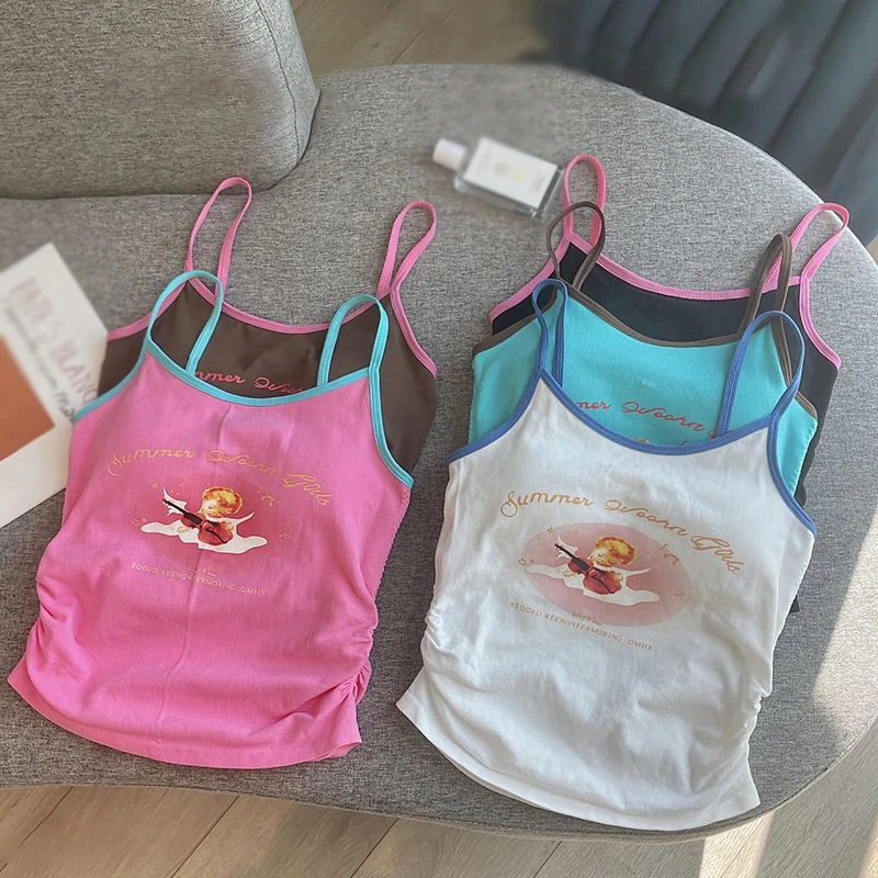 

Women's Crop Top Angel Print Summer Contrast Color Sleeveless Padded Camisole