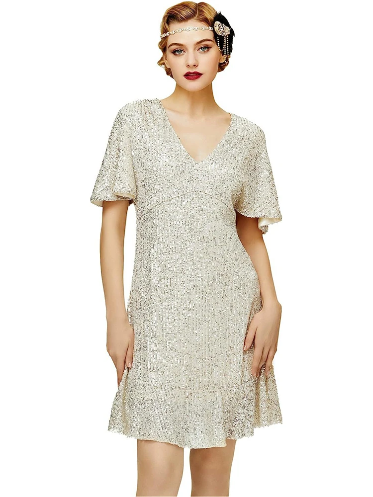 

V-neck Short Sleeve Vintage Dresses For Evening Party Silver A-line Sequin Mini Dress