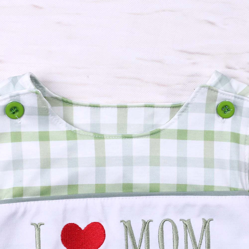 Fashion New Summer Sleeveless Baby Boy Jumpsuit I Love Mom Embroidery Button Decorate Bodysuit Green Lattice One-Piece Clothes