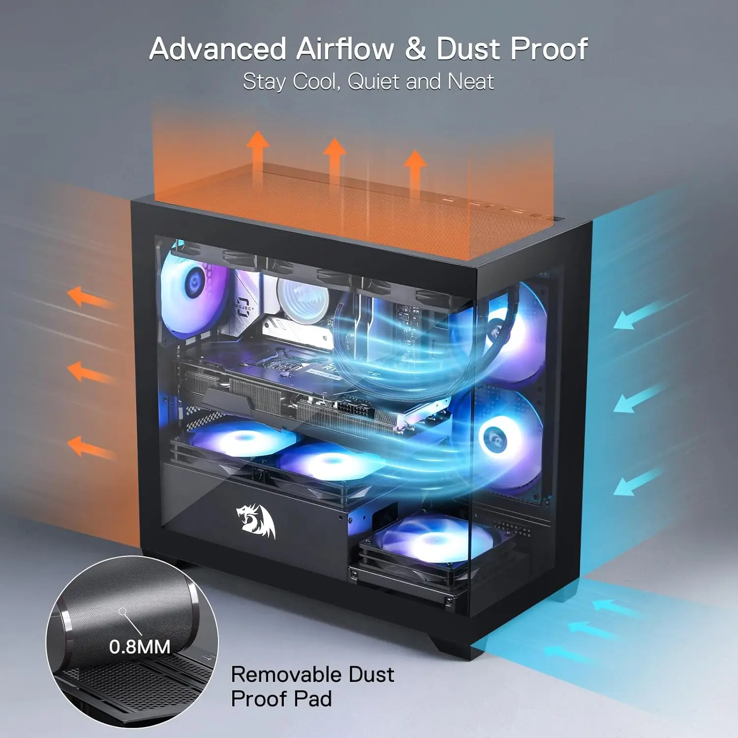 Redragon GC218M Gaming Back-Mounted PC Case, M-ATX Computer Chassis 2 x 120mm Fans Pre-Installed & High Airflow Perforated Panel