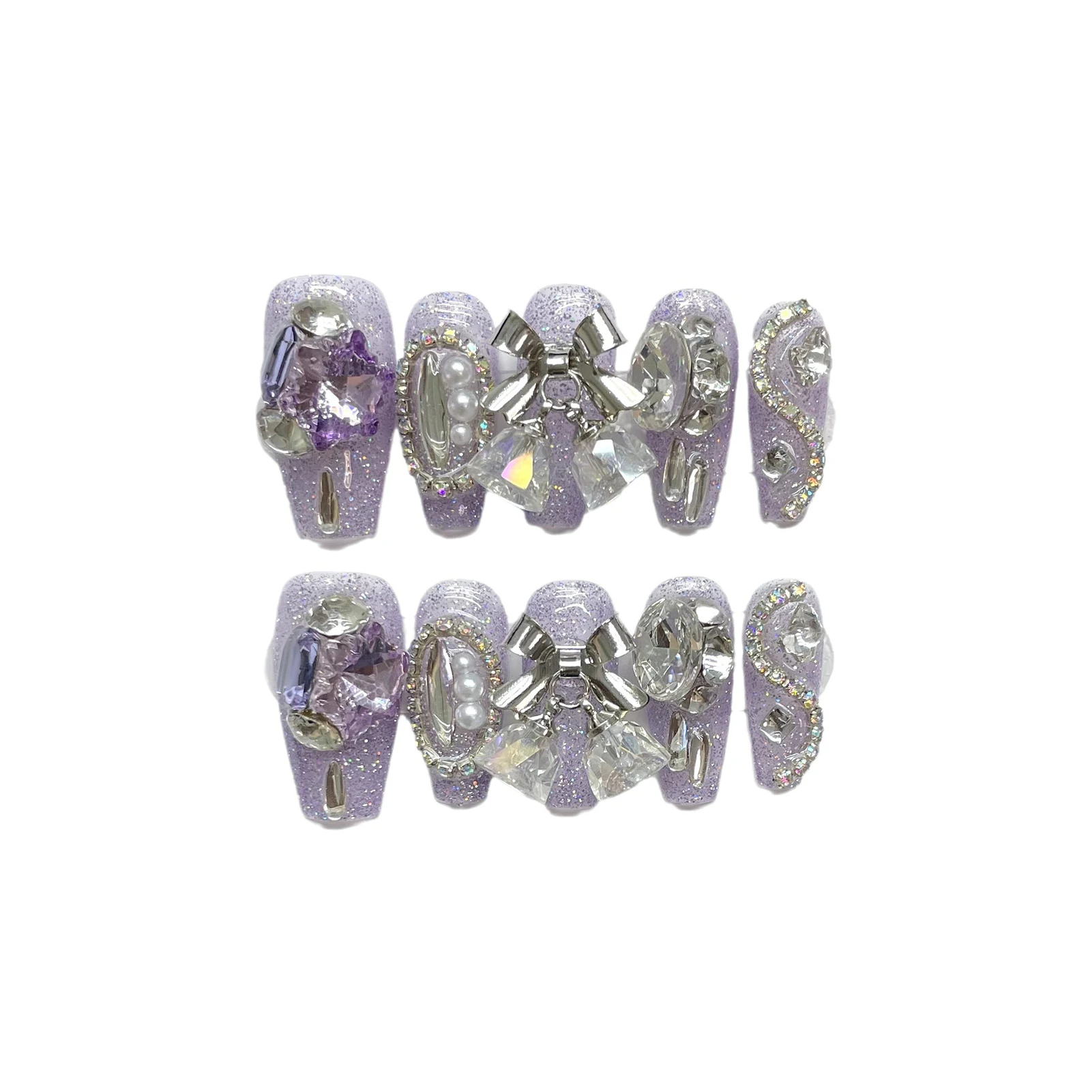 

10pcs Coffin Press-on Nail Purple and Silver Artificial Nail with Imitation Pearl for Salon Expert and Naive Women