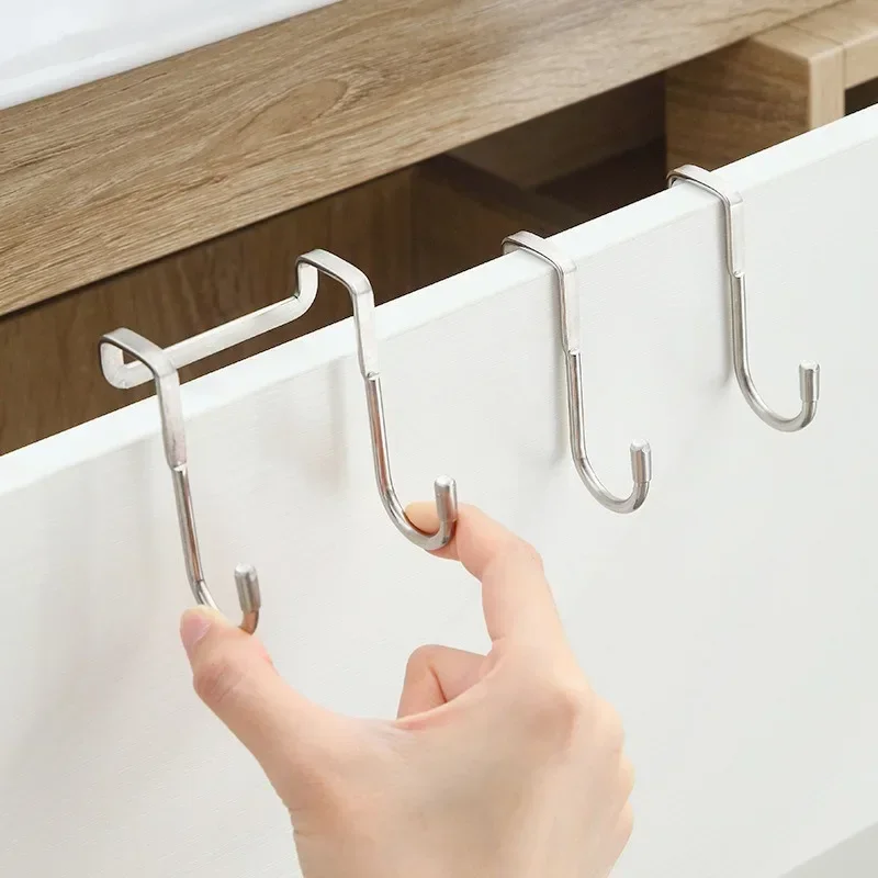 1PC Stainless Steel Double S-hook 304 No-punch Door Back Coat Hook Kitchen Bathroom Multi-function Cabinet Door Back S Hook