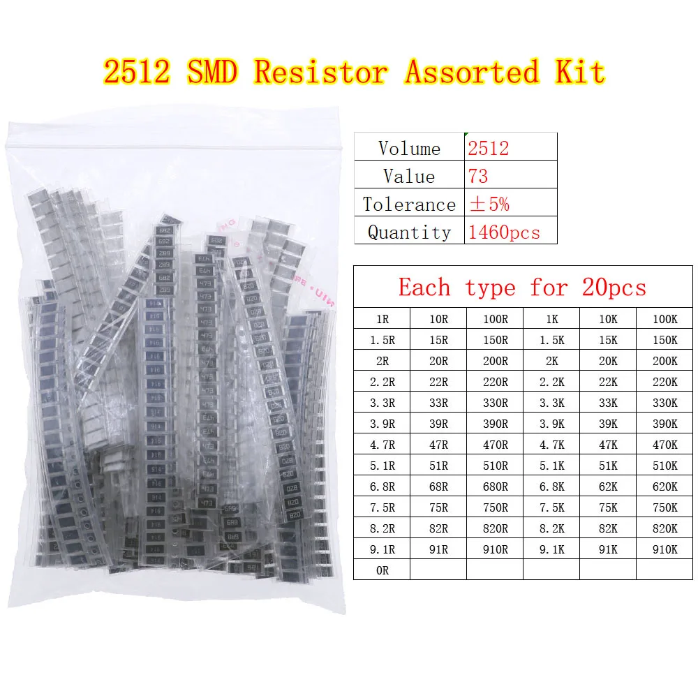0402 0603 0805 1206 2512 SMD Chip Fixed Resistor 0ohm-10Mohm Assortment Kit carbon film resistors kit resistor assortment