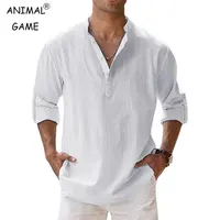 Men's Cotton Shirts Linen Casual Long Sleeve Button Down Shirt Band Collar Summer Beach Tops 1