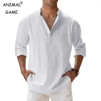 Men's Cotton Shirts Linen Casual Long Sleeve Button Down Shirt Band Collar Summer Beach Tops 1