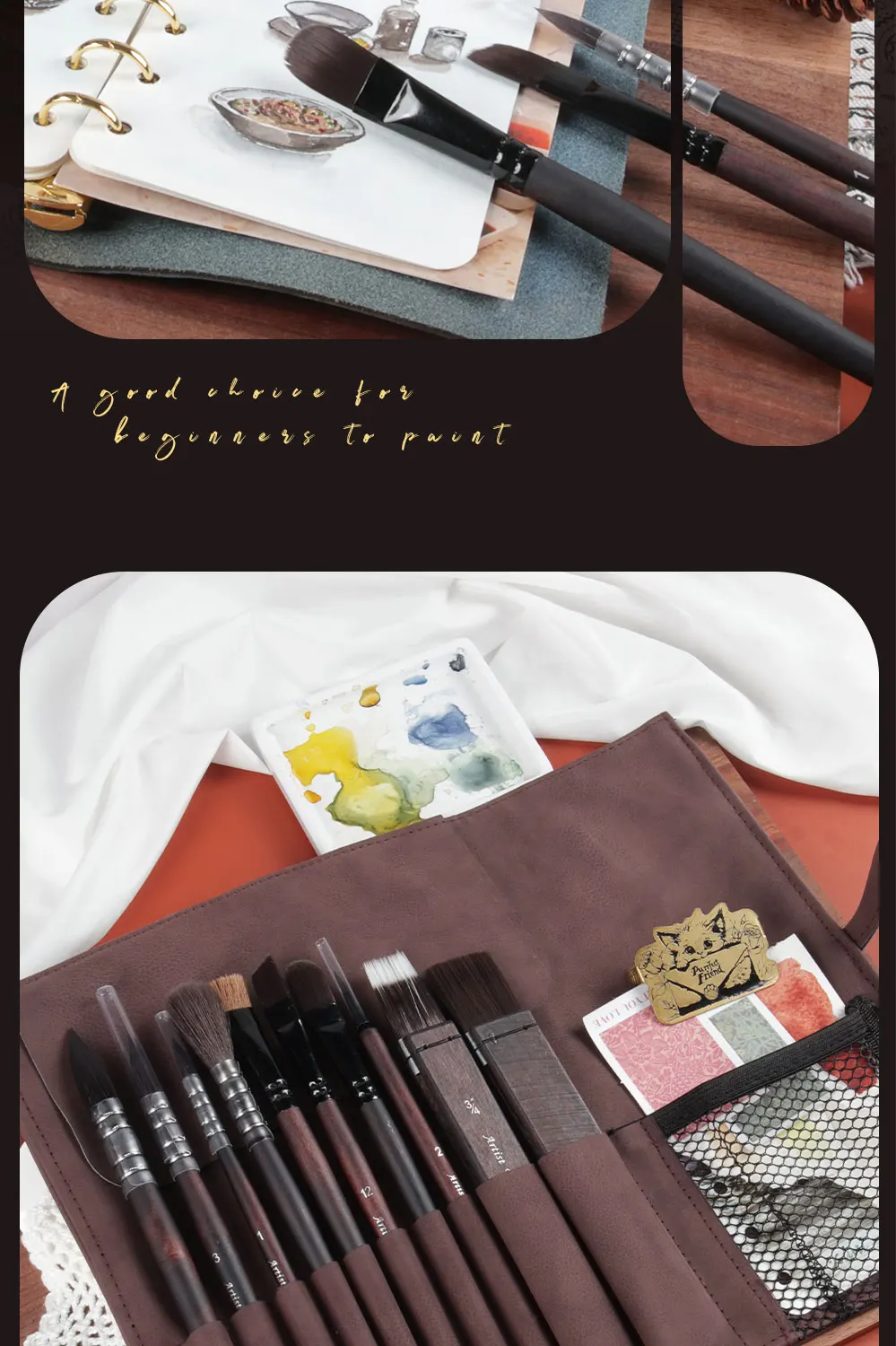 SeamiArt 10 Stück/Set Künstler-Malpinsel mit Nylonhaar und Holzgriff und Leder-Aufbewahrungstasche für Aquarellmalerei, Kunstbedarf – Detail 10