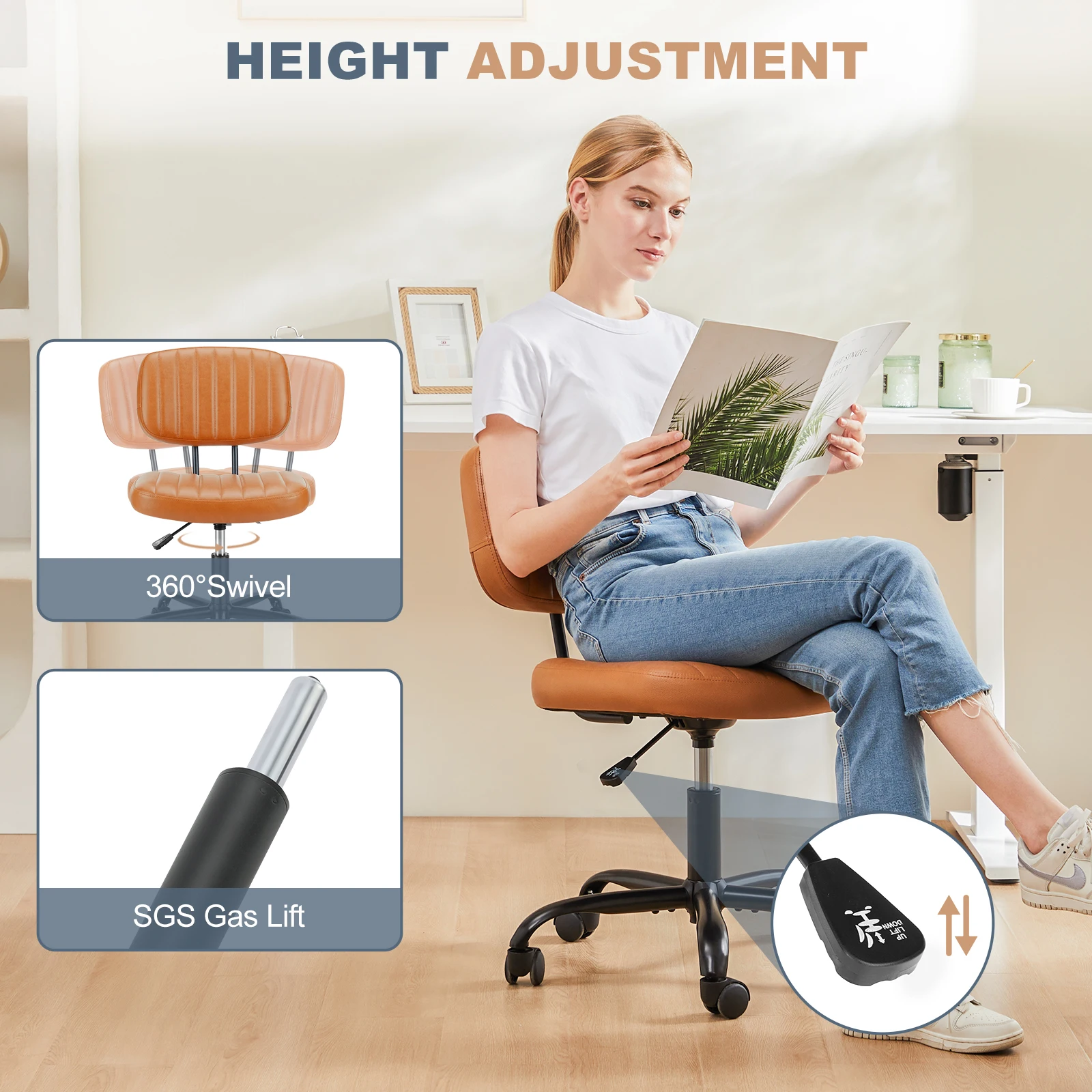 JHK Armless Office Desk Chair Back Lumbar Support Height Adjustable PU Leather Computer Chair with 360° Swivel Rolling Wheels 3